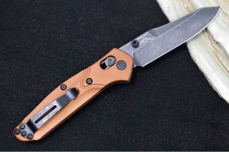 Benchmade 945BK-03 Mini Osborne - DLC Blackwash Finish / Reverse Tanto Blade / CPM-Magnacut Steel / Burnt Orange Aluminum Handle - Northwest Knives