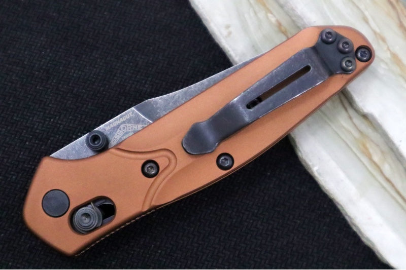 Benchmade 945BK-03 Mini Osborne - DLC Blackwash Finish / Reverse Tanto Blade / CPM-Magnacut Steel / Burnt Orange Aluminum Handle