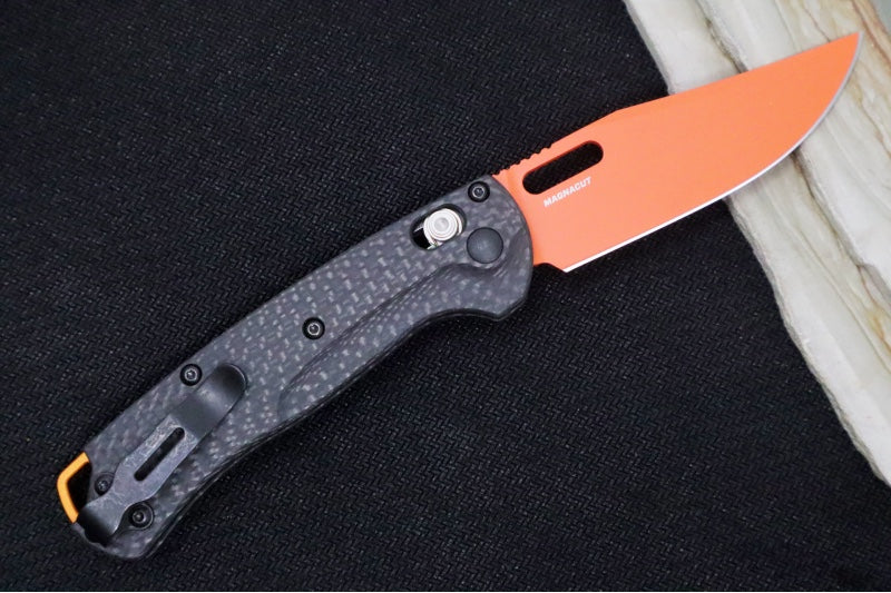 Benchmade 15533OR-01 Mini Taggedout Manual Folder - CPM-Magnacut Steel / Clip Point Blade with Orange Cerakote / Black Carbon Fiber Handle