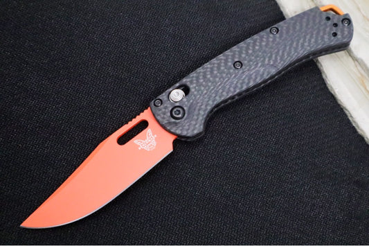 Benchmade 15533OR-01 Mini Taggedout Manual Folder - CPM-Magnacut Steel / Clip Point Blade with Orange Cerakote / Black Carbon Fiber Handle