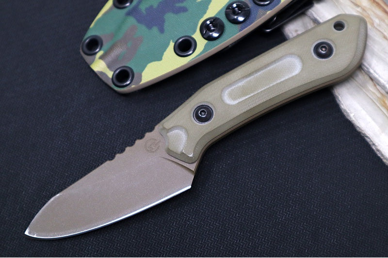 Garage Sale Schwartz Overland Sport Fixed Blade -  OD Green G-10 Handle / Coyote Tan Blade Finish / Woodland Kydex Sheath