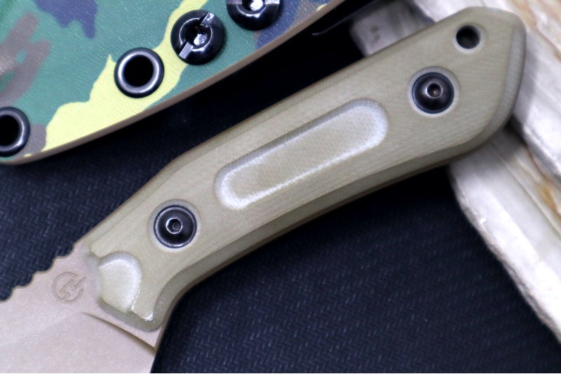 Garage Sale Schwartz Overland Sport Fixed Blade -  OD Green G-10 Handle / Coyote Tan Blade Finish / Woodland Kydex Sheath