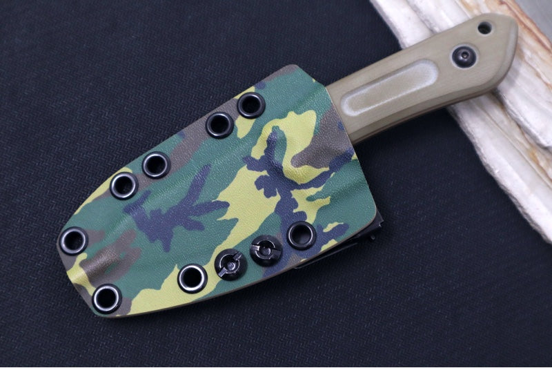 Garage Sale Schwartz Overland Sport Fixed Blade -  OD Green G-10 Handle / Coyote Tan Blade Finish / Woodland Kydex Sheath