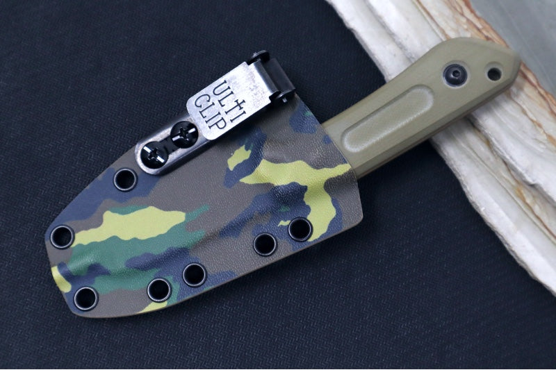 Garage Sale Schwartz Overland Sport Fixed Blade -  OD Green G-10 Handle / Coyote Tan Blade Finish / Woodland Kydex Sheath