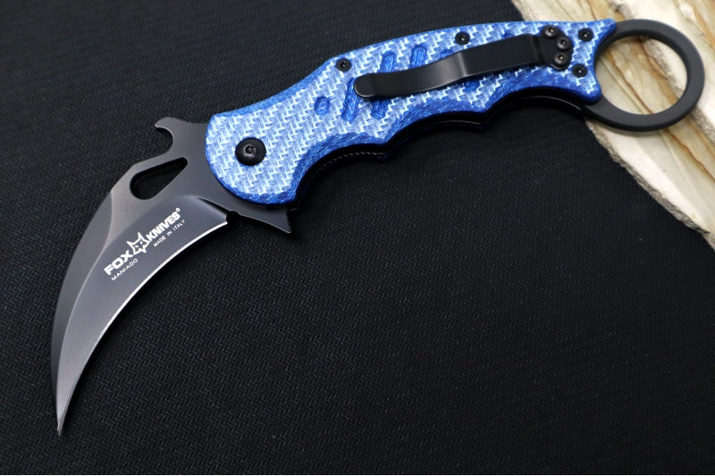 Fox Knives Karambit - Blue Carbon Fiber Handle / Black N690Co Blade / Emerson Wave - 479BLT