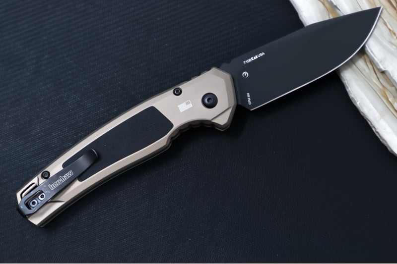 Kershaw 7106 Launch 21 Automatic - Drop Point Blade / CPM-M4 Steel / Tan Aluminum & Black G-10 Inlays