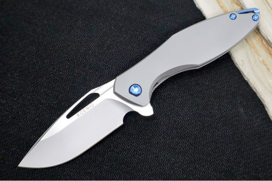 Koenig Mini Arius - Smooth Standard Handle - Stonewashed Blade with Polished Flats - Blue Spacer & Hardware (Gen 1)