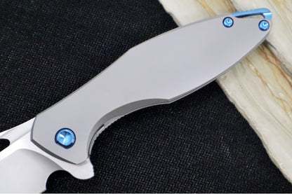 Koenig Mini Arius - Smooth Standard Handle - Stonewashed Blade with Polished Flats - Blue Spacer & Hardware (Gen 1)