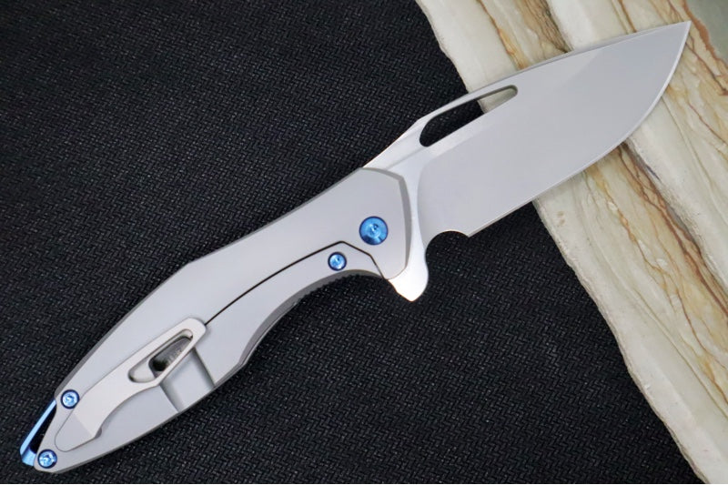 Koenig Mini Arius - Smooth Standard Handle - Stonewashed Blade with Polished Flats - Blue Spacer & Hardware (Gen 1)