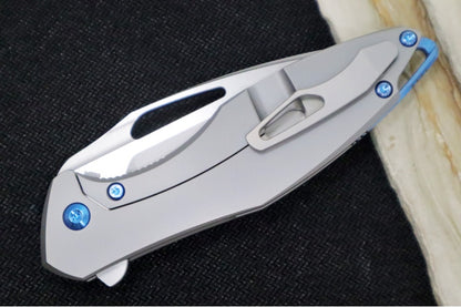 Koenig Mini Arius - Smooth Standard Handle - Stonewashed Blade with Polished Flats - Blue Spacer & Hardware (Gen 1)