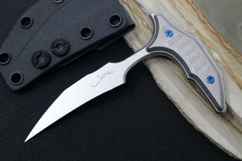 Microtech Marfione Select BEE Push Dagger - 440C Stonewashed Wharncliffe Blade / Stonewashed Titanium Handles / Blue Accents / Kydex IWB Sheath