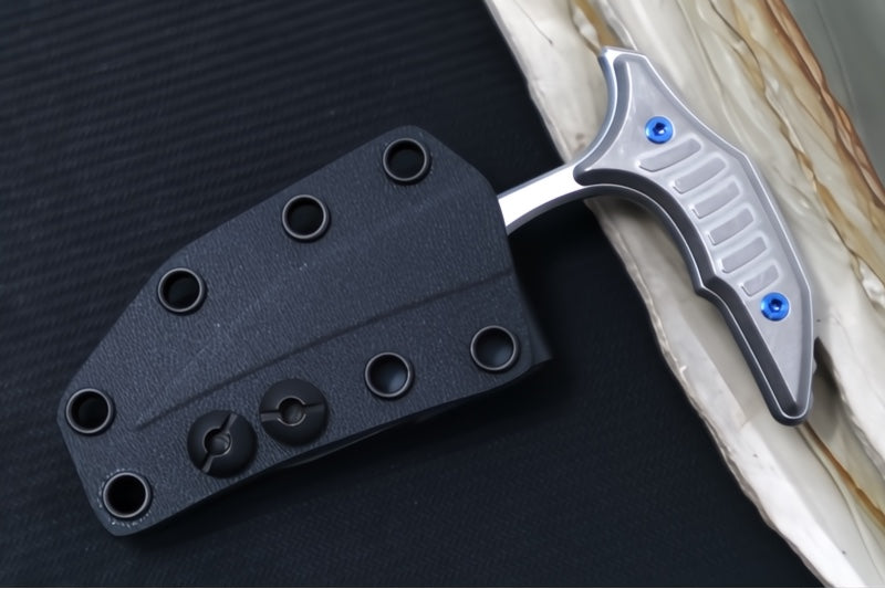 Microtech Marfione Select BEE Push Dagger - 440C Stonewashed Wharncliffe Blade / Stonewashed Titanium Handles / Blue Accents / Kydex IWB Sheath