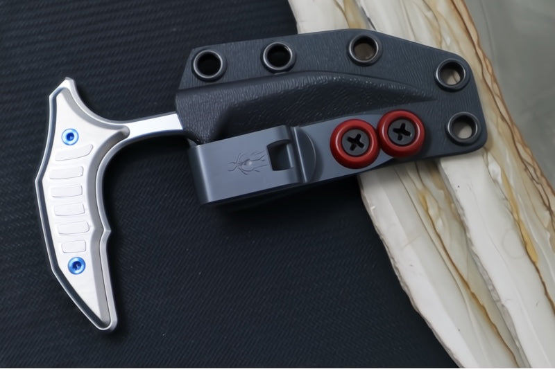 Microtech Marfione Select BEE Push Dagger - 440C Stonewashed Wharncliffe Blade / Stonewashed Titanium Handles / Blue Accents / Kydex IWB Sheath