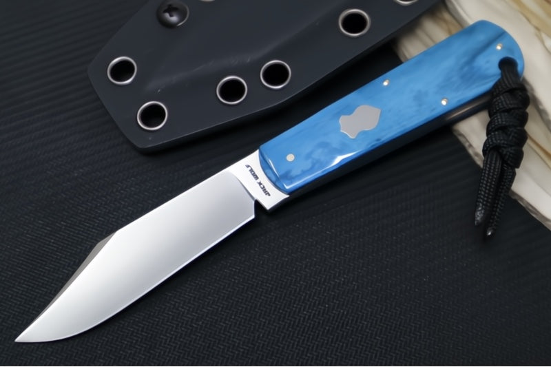 Jack Wolf Knives Gateway FIXedc Knife - Sawcut Blue Bone Handle / Clip Point Blade / Sandvik 14C28N Steel / Satin Finish