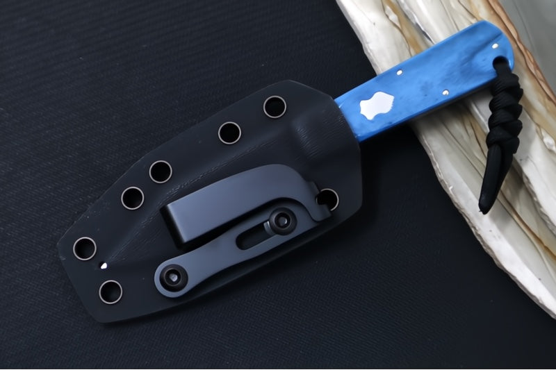 Jack Wolf Knives Gateway FIXedc Knife - Sawcut Blue Bone Handle / Clip Point Blade / Sandvik 14C28N Steel / Satin Finish