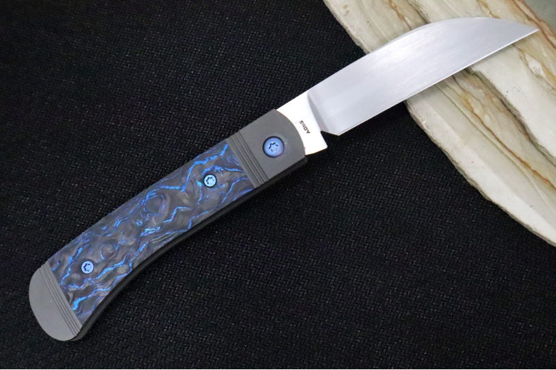 Jack Wolf Knives Venom Jack Slip Joint - Blue Marble Carbon Fiber Inlay / Tumbled & Bead Blasted Titanium Bolsters / CPM-S90V Steel