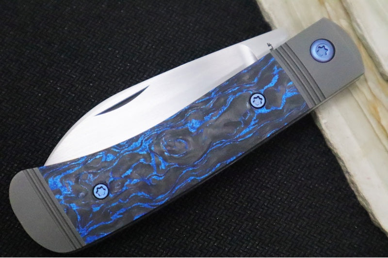 Jack Wolf Knives Venom Jack Slip Joint - Blue Marble Carbon Fiber Inlay / Tumbled & Bead Blasted Titanium Bolsters / CPM-S90V Steel