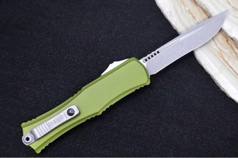 Microtech Mini Hera II OTF - Recurve Blade / Apocalyptic Finish / OD Green Anodized Aluminum Handle 1705M-10APOD - Northwest Knives