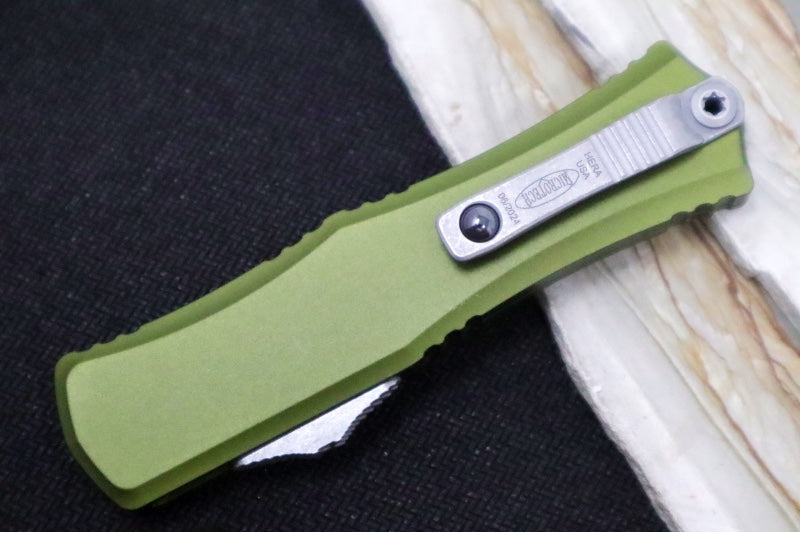 Microtech Mini Hera II OTF - Recurve Blade / Apocalyptic Finish / OD Green Anodized Aluminum Handle 1705M-10APOD - Northwest Knives