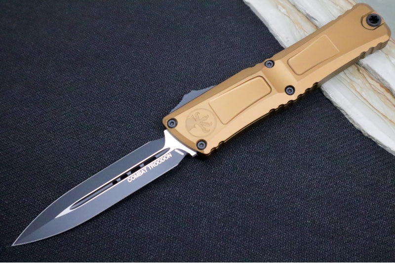 Microtech Combat Troodon OTF Gen III - Black Finish / Dagger Blade / Tan Anodized Aluminum Handle - 1142-1TTA