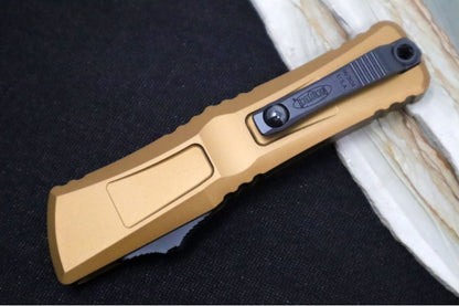 Microtech Combat Troodon OTF Gen III - Black Finish / Dagger Blade / Tan Anodized Aluminum Handle - 1142-1TTA