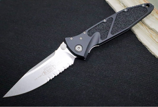 Microtech SOCOM Elite - Single Edge with Partial Serrates / Stonewashed Finish / Black Anodized Aluminum Handle with Black Inserts 160-11