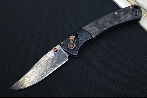 Benchmade 15085BK-2601 Limited Edition Mini Crooked River - Carbon Fiber Handle & Black Anodized Aluminum Bolsters / Black DLC Coated Deep Etch Rose Damasteel Blade / Copper PVD Coated Hardware & Accents - Northwest Knives