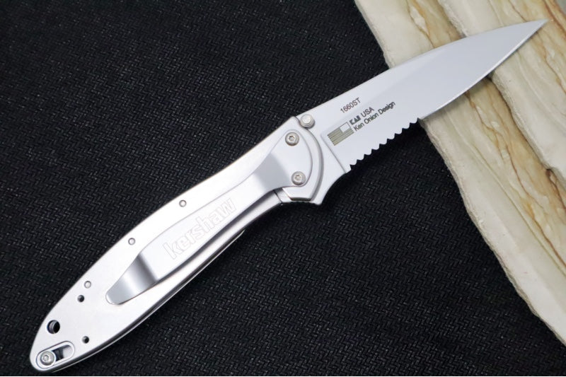 Kershaw 1660ST Leek Flipper - Satin Partial Serrated Blade / Stainless Steel Handle - Northwest Knives