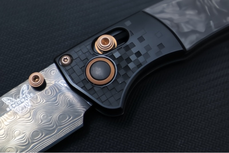 Benchmade 15085BK-2601 Limited Edition Mini Crooked River - Carbon Fiber Handle & Black Anodized Aluminum Bolsters / Black DLC Coated Deep Etch Rose Damasteel Blade / Copper PVD Coated Hardware & Accents - Northwest Knives