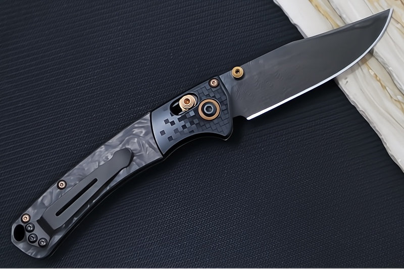Benchmade 15085BK-2601 Limited Edition Mini Crooked River - Carbon Fiber Handle & Black Anodized Aluminum Bolsters / Black DLC Coated Deep Etch Rose Damasteel Blade / Copper PVD Coated Hardware & Accents - Northwest Knives