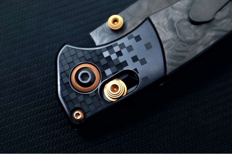 Benchmade 15085BK-2601 Limited Edition Mini Crooked River - Carbon Fiber Handle & Black Anodized Aluminum Bolsters / Black DLC Coated Deep Etch Rose Damasteel Blade / Copper PVD Coated Hardware & Accents - Northwest Knives