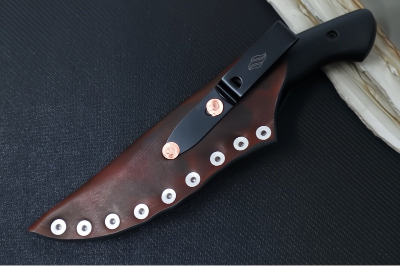 Soul of Creation Outrider - 52100 Steel / Black Cerakoted Drop Point / Black G-10 Handle / Brown Leather Sheath - Northwest Knives