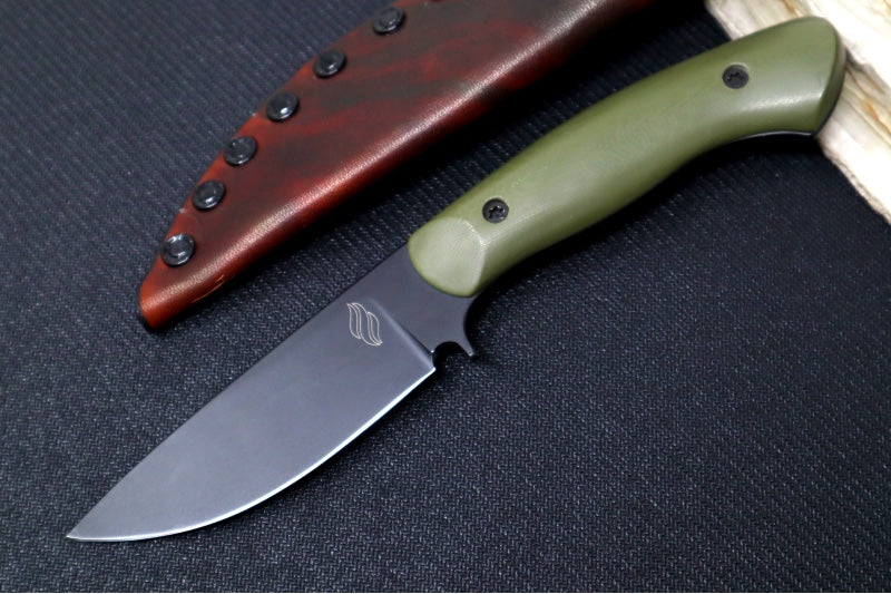 Soul of Creation Outrider - 52100 Steel / Black Cerakoted Drop Point / OD Green G-10 Handle / Brown Leather Sheath - Northwest Knives