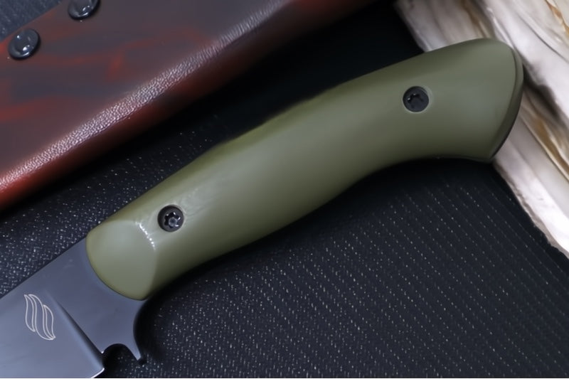 Soul of Creation Outrider - 52100 Steel / Black Cerakoted Drop Point / OD Green G-10 Handle / Brown Leather Sheath - Northwest Knives