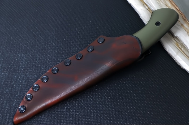 Soul of Creation Outrider - 52100 Steel / Black Cerakoted Drop Point / OD Green G-10 Handle / Brown Leather Sheath - Northwest Knives