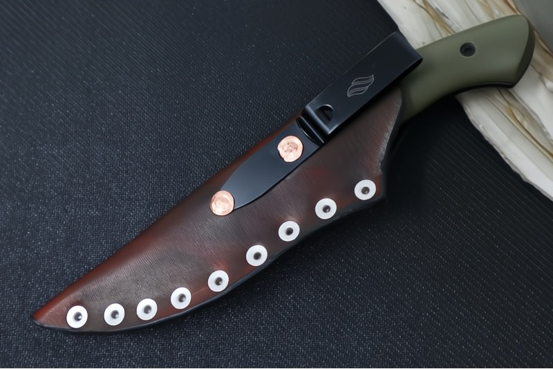 Soul of Creation Outrider - 52100 Steel / Black Cerakoted Drop Point / OD Green G-10 Handle / Brown Leather Sheath - Northwest Knives