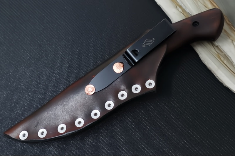 Soul of Creation Outrider - 52100 Steel / Black Cerakoted Drop Point / Ironwood Handle / Brown Leather Sheath - Northwest Knives