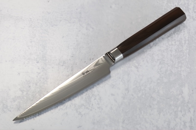 Cangshan Cutlery MAYA Series 5" Serrated Utility Knife - Forged X-7 Damascus - Octagon African Blackwood Handle - Dark Walnut Magnetic Sheath 501950 - Northwest Knives