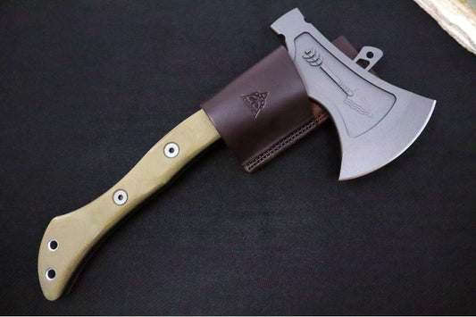 Tops Hammer Hawk Ax w/Backup - 1075 Steel / Green Canvas Micarta Handle / Brown Leather Sheath