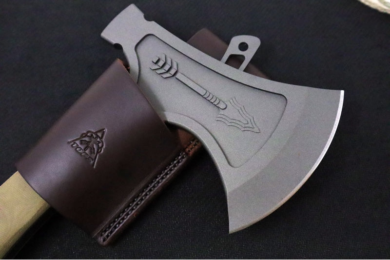 Tops Hammer Hawk Ax w/Backup - 1075 Steel / Green Canvas Micarta Handle / Brown Leather Sheath - Northwest Knives