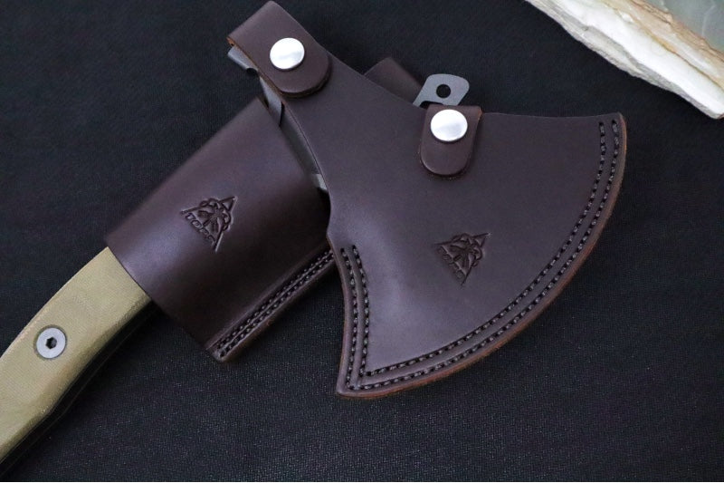 Tops Hammer Hawk Ax w/Backup - 1075 Steel / Green Canvas Micarta Handle / Brown Leather Sheath - Northwest Knives