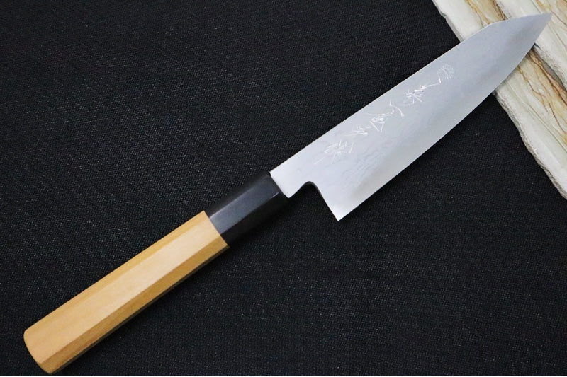 Kikuichi of Japan Kasumi Blue Carbon Damascus - 6" Petty Knife - Blue #2 Carbon Steel - Octagonal Japanese Magnolia Handle - Handcrafted in Nara Japan - Northwest Knives