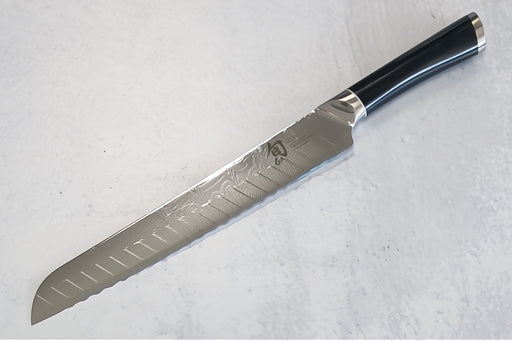 Shun Shiranami - 9" Bread Knife - Wave Patterned 71 Layered Dual Core Damascus - Prussian Blue Jute Micarta Handle - Made in Seki City, Japan - Northwest Knives