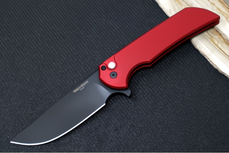 Pro Tech Mordax Limited - Drop Point / Black DLC Magnacut Blade / Red Anodized Aluminum Handle / Black Lip Pearl Button MX103-LTDRED