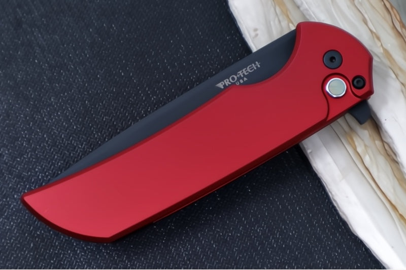 Pro Tech Mordax Limited - Drop Point / Black DLC Magnacut Blade / Red Anodized Aluminum Handle / Black Lip Pearl Button MX103-LTDRED - Northwest Knives