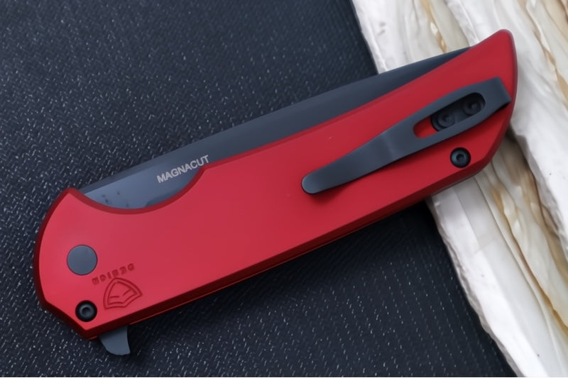 Pro Tech Mordax Limited - Drop Point / Black DLC Magnacut Blade / Red Anodized Aluminum Handle / Black Lip Pearl Button MX103-LTDRED - Northwest Knives
