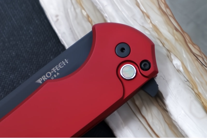 Pro Tech Mordax Limited - Drop Point / Black DLC Magnacut Blade / Red Anodized Aluminum Handle / Black Lip Pearl Button MX103-LTDRED - Northwest Knives