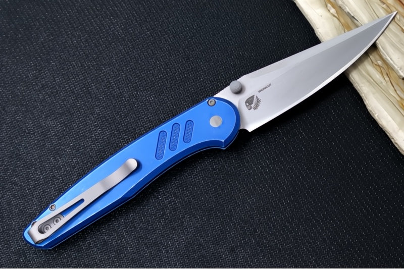 Pro Tech Avalon Peace Neighbor Design Manual - Drop Point Blade / Stonewashed Finish / CPM-Magnacut Steel / Battleworn Blue Knurled Anodized Handle PN1101-BWBLUE - Northwest Knives