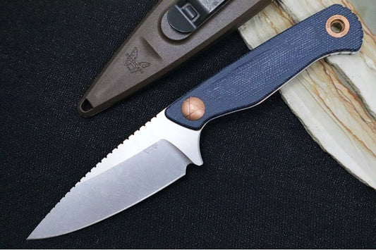 Benchmade 203 Dacian Pocket Fixed Blade - CPM-Magnacut Steel / Stonewashed Blade / Blue Denium Micarta Handle / Copper Accents