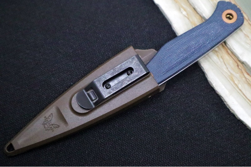 Benchmade 203 Dacian Pocket Fixed Blade - CPM-Magnacut Steel / Stonewashed Blade / Blue Denium Micarta Handle / Copper Accents